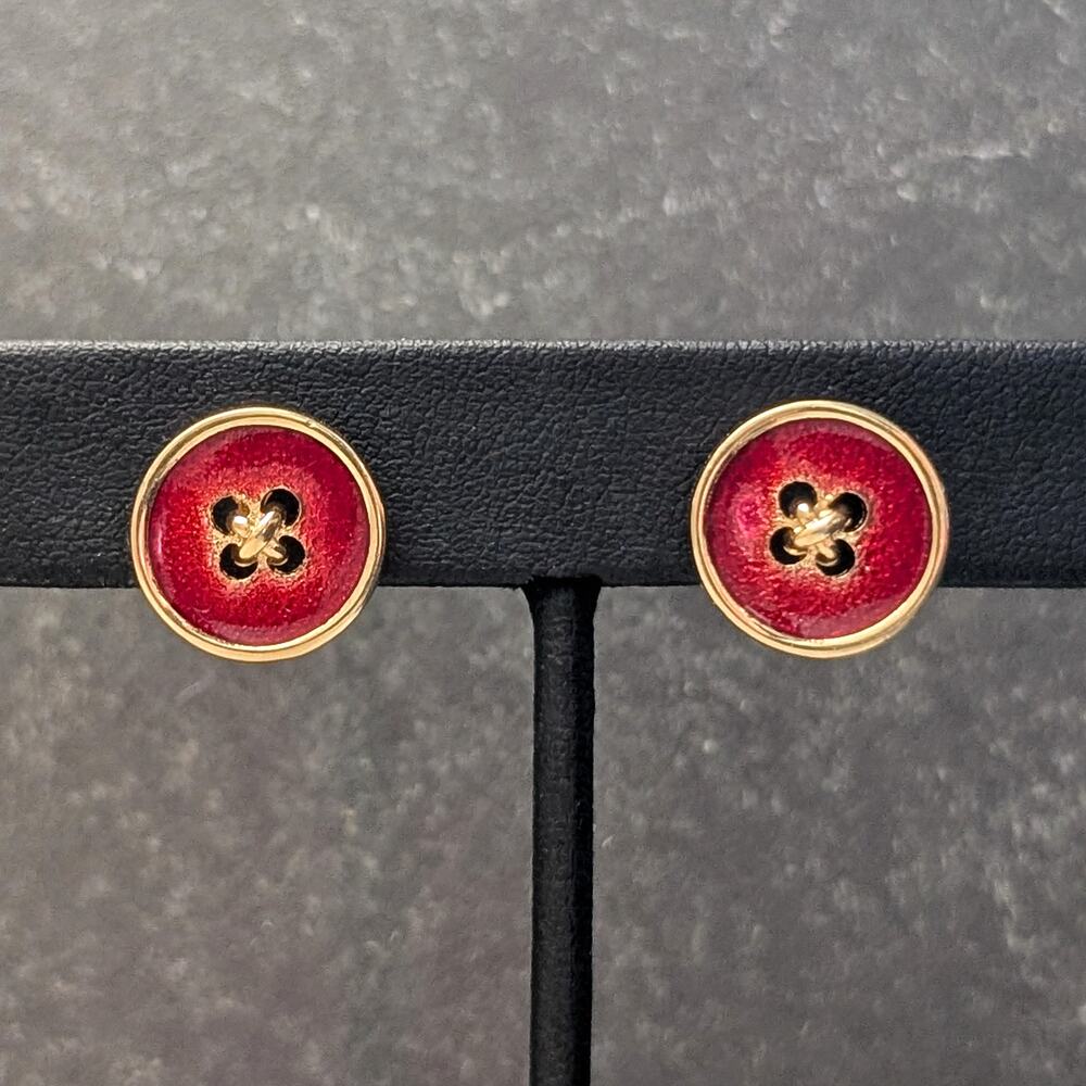 Vintage Clip On Earrings Stunning Red and Gold Tone Button Design - Whimsical